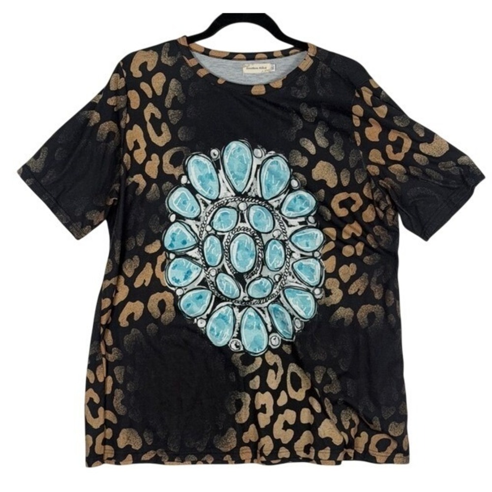 Southern Stitch Womens XL Leopard Print Turquoise Squash Blossom Graphic T-Shirt